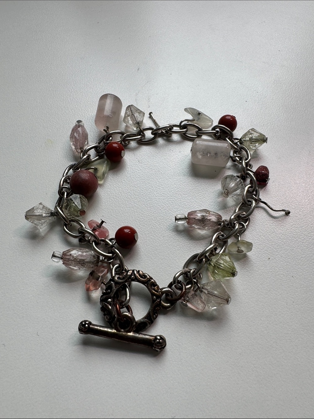 Silver-Tone Charm Bracelet with Pink, Green & Red Beads